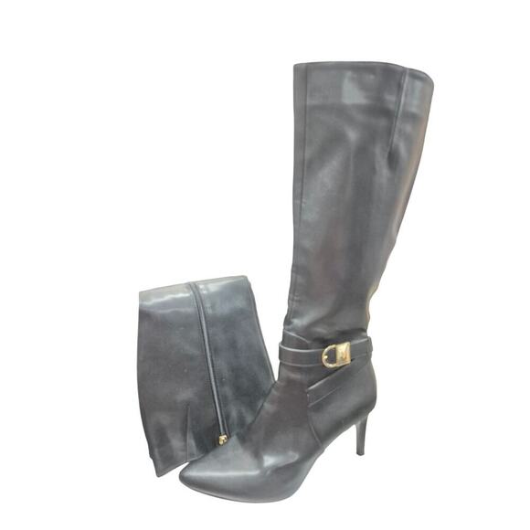 CALVIN KLEIN JEMAMINE $230 Black Vegan Leather Designer Tall Heel Boots 9.5 - Picture 4 of 8